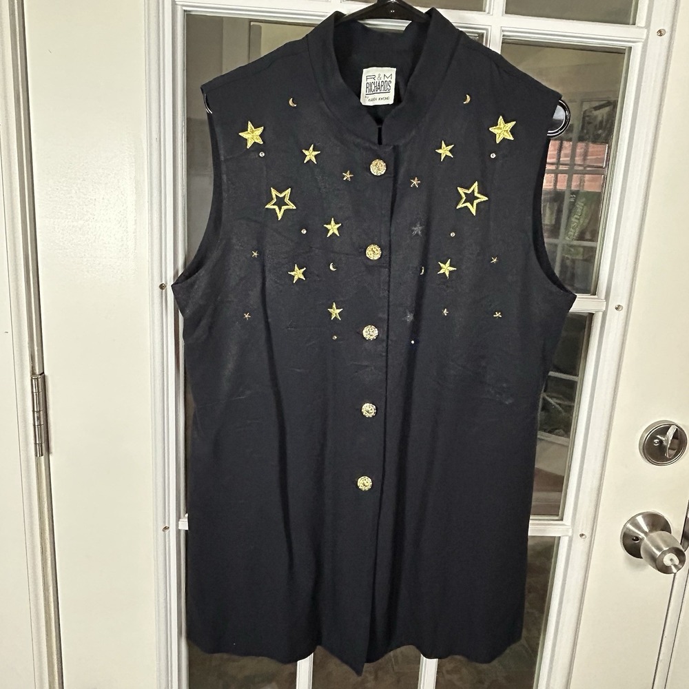 Vintage 90s R&M Richard's Karen Kwong Navy Celestial Embroidered Vest Size 16 - Picture 10 of 16